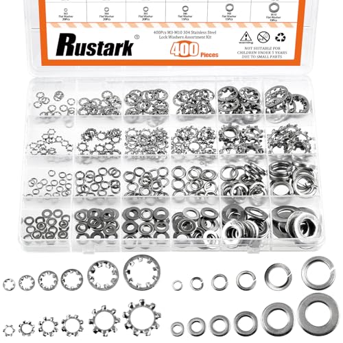 Rustark 400Pcs 6 Sizes 304 Stainless Steel Metric M3-M10 External & Internal Star Washers & Split Lock Washer & Flat Washer Assortment Kit Spring Lock Washers for Home Industry Construction