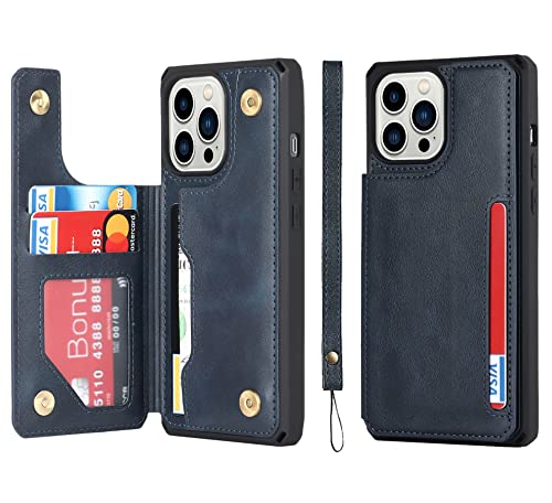 Étui portefeuille iPhone 14 Pro iCoverCase en cuir bleu avec porte-cartes et dragonne de 6,1"