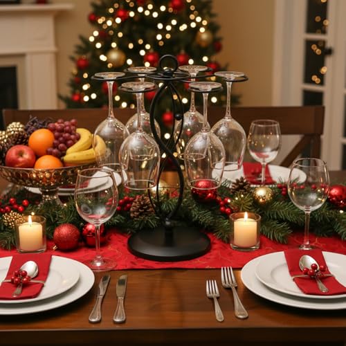 MyGift 6-Hook Rotating Wine Glass Rack with Sturdy Base & Scrollwork Design - Black Metal Countertop Stemware Holder | Rust-Resistant, Space-Saving Storage for Kitchen, Bar, Dining Table (13.75" H) - Thumbnail 3