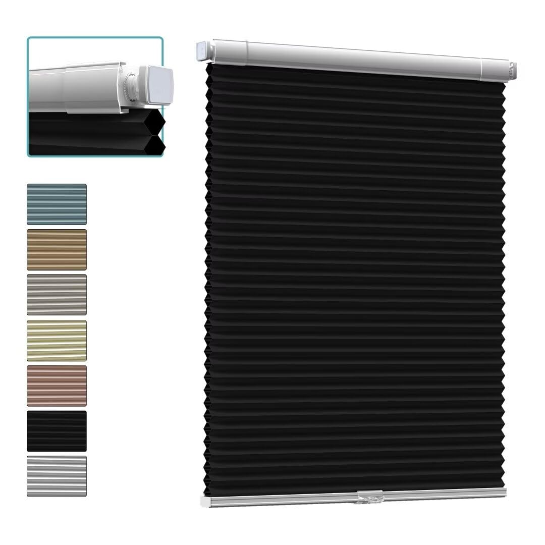 Myshade No Drill Blackout Shades Tension Cordless Cellular Blinds for Indoor Windows No Drilling No Tools Window Blinds & Shades Pull Down Room Darkening for Kitchen Bedroom Home Black 34W*72H