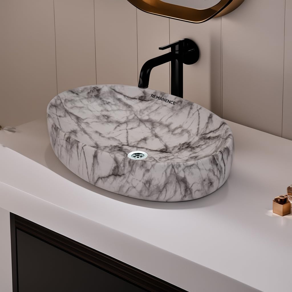 REMANENCE Wash Basin Countertop | Tabletop Ceramic Bathroom Sink | Wash Basin Over Counter | Ceramic Wash Basin (White N Black Stripe)