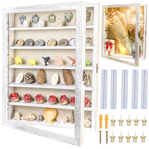 Image of White Shadow Box Frame 16x20 Shadow Box with Shelves 2.6 inch Interior Depth Memorial Shadow Box Display Case with Linen Back for Handicrafts,Picture Frames,Medals,Coins,Pins Collection and More
