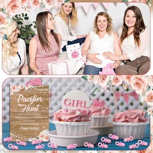 Image of Thyle 51 Pcs Rustic Girl Baby Shower Game Floral Pacifier Hunt Sign and 50 Acrylic Pacifiers for a Sweet Little Girl Is on Her Way Baby Shower Decorations Floral Gender Reveal Pregnancy Party Supplies
