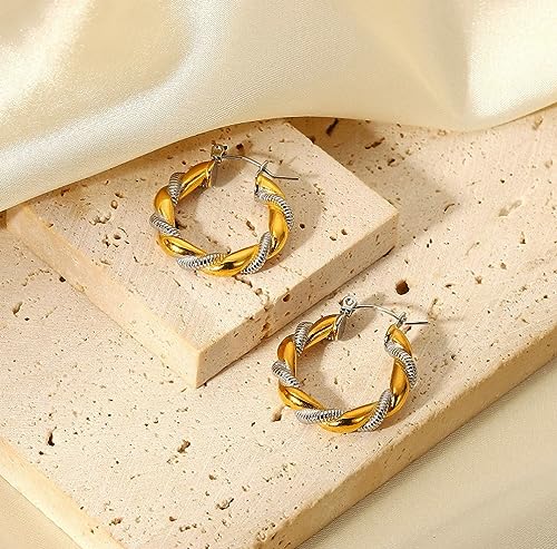 Gold Silver Two Tone Twisted Hoop Earrings Minimalist Lightweight Chic Trendy Fashion 18K Gold Plated Stainless Steel Piercing Earrings Unique Birthday Jewelry2