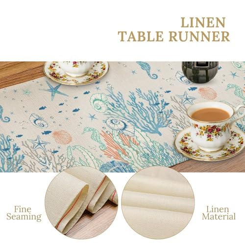 Image of Coastal Beach Table Runner, Watercolor Starfish Seashell Coral Pattern Faux Linen, Nautical Ocean Dining Decor for Summer Home Party 13x120 Inch