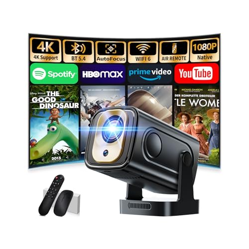 Proiettore 1080P FHD【2026 Upgraded】Mini Proiettore Portatile 4K con Bluetooth 5.4 WiFi 6 Projector TV Auto Keystone Videoproiettore con HDMI/Phone/USB/TV Stick/Laptopcon Cavo HDMI & Mouse,Nero