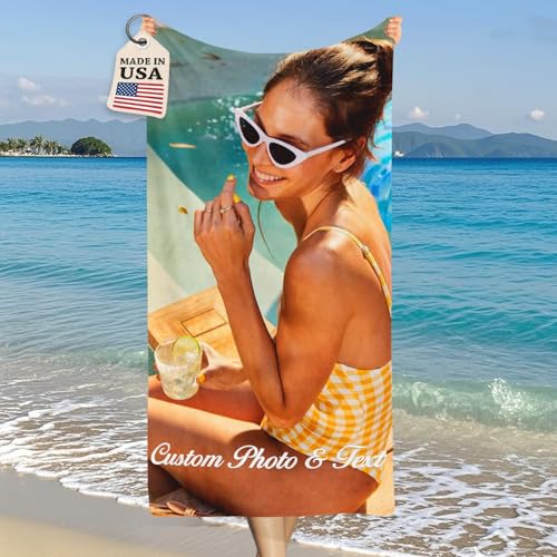 Bemaystar Ships Next Day Personalized Beach Towels for Kids & Adults - Custom Beach Towel Printed in USA - Custom Photo Gifts for Pool Vacation Customized Gifts for Women Kids Family