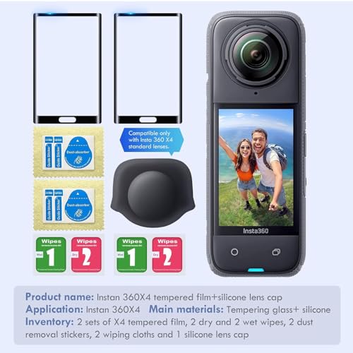 Image of Action Pro 2 Pack Screen Protector Film + Silicone Lens Cap Compatible with Insta360 X4 Camera Accessories, Full Screen Coverage & Easy Installation Kit