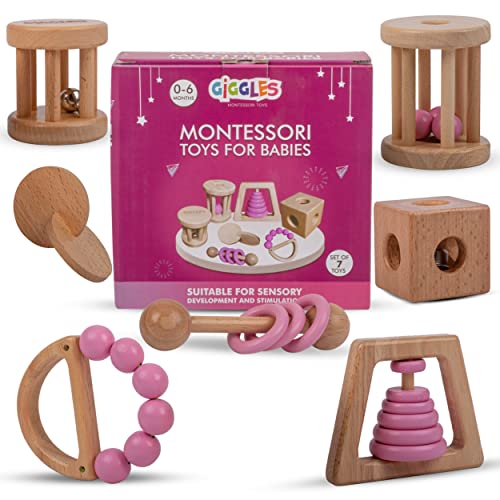 Image of Giggles Montessori Toys for Babies 0-6 Months, Wooden Baby Toy Rattle, Teether, Teethers, Teething for Babies, Natural Wood, Baby Toys, Infant Circle Rattle, Rattles, Baby Wooden Toys 6-12 (Pink)