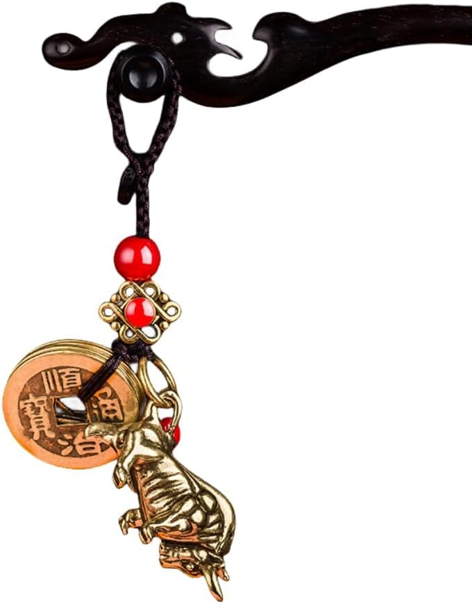 風水キーホルダー、干支ヴィンテージ真鍮マネーバッグキーチェーン 中国五皇帝コイン カーキーリング チャームペンダント, ゾディアック