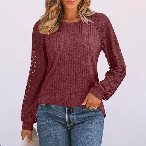 Womens T Shirts Boat Neck Tee Tops for Women Lace Long Sleeve Crochet Striped Plain Summer Fall Tee Shirt 20252