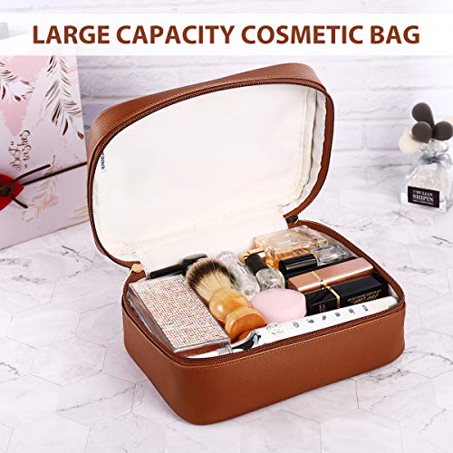 Makeup Bags,Cosmetic Bag 3 Packs Travel Makeup Bag for Women Portable Makeup Bag Organizer Waterproof and Durable Makeup Bag for Purse with Gold Zipper PU Lather Brown - Thumbnail 4
