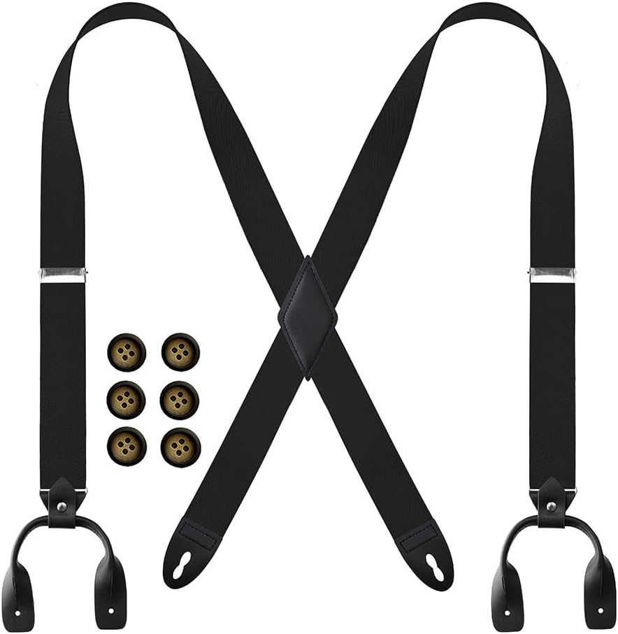 Men's Genuine Leather Button Suspenders X-back 1.4 Inch Adjustable Elastic for Formal
