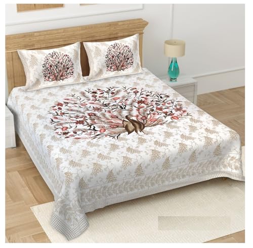 Image of Bedsheet Gulabi Nagri 100% Cotton Double Bed Size Bedsheet with Pillow for Room 93 By 108 Inches (White Peacock Printed Bedsheet)