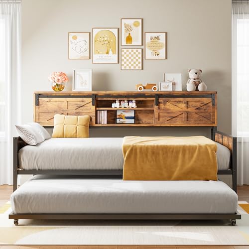 LIKIMIO Daybed with Trundle, Rustic Bed Twin with Storage and Charging Station for Living Room, Bedroom and Guest Room, Industrial Brown