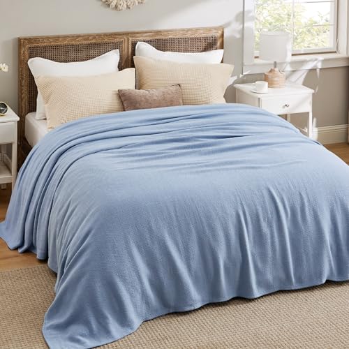 Image of Bedsure 100% Cotton Blanket, Herringbone Weave, Queen Size, Ashley Blue
