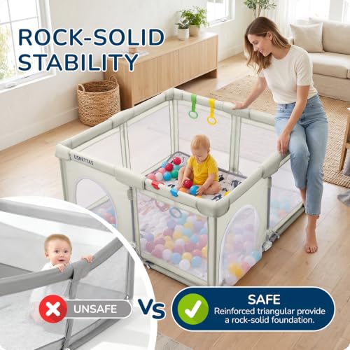 Image of Foldable Baby Playpen, 50 inchx50 inch, Beige | 1-Minute Setup, Lightweight Portable, Carry Bag Included, Indoor Outdoor Use, For Babies & Toddlers