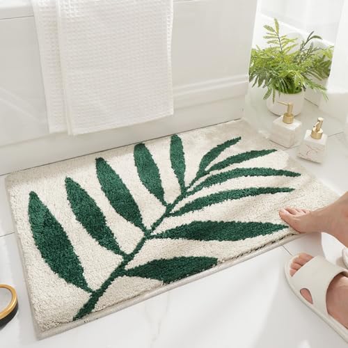 Huilimei Green Leaf Bathroom Rug Super Soft Fiber Absorbent Non-Slip Foot Mat Machine Washable Botanical Pattern Bath Mat for Bathtub,Sink,Bedroom