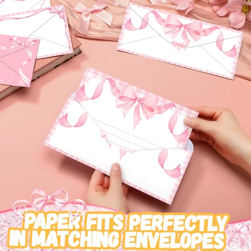 Image of TaoBary 160 Pcs Pink Bow Stationery Paper and Envelopes Set Coquette Lined Stationery Paper 50 Double Sided Pink Papers with 50 Matching Envelopes and 60 Round Dot Sticker for School Students Rewards