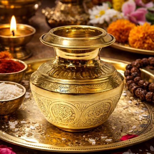 Image of Pure Brass Puja Kalash for Pooja | Traditional Embossed Design | Shiny Brass Inside & Outside | Ideal for Temple, Griha Pravesh & Festivals