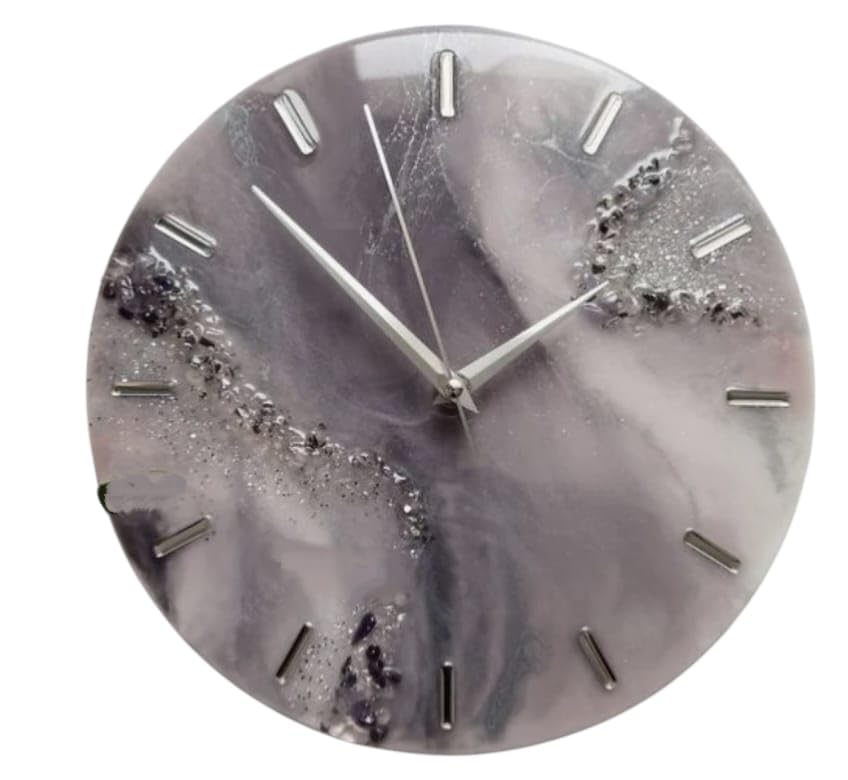 Image of Handmade Resin Wall Clock with Roman Numerals - Luxury Marble Effect Designer Wall Clock with Gold Finish, Silent Quartz Movement, Modern Home & Office Decor (Grey & Golden Colour)