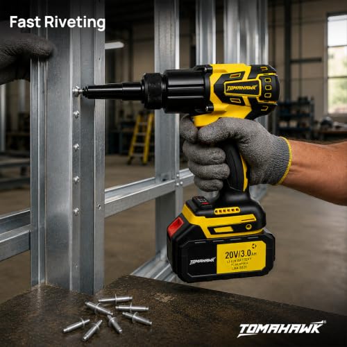 Image of Tomahawk TCR-4187 20V Cordless Riveter /Rivet Gun | 2100 LBF Pull Force | 0-500 RPM Variable Speed | Tool-Free Nose Change & LED | Dual 20V 3.0Ah Batteries | Automotive & Sheet-Metal Rivet Tool