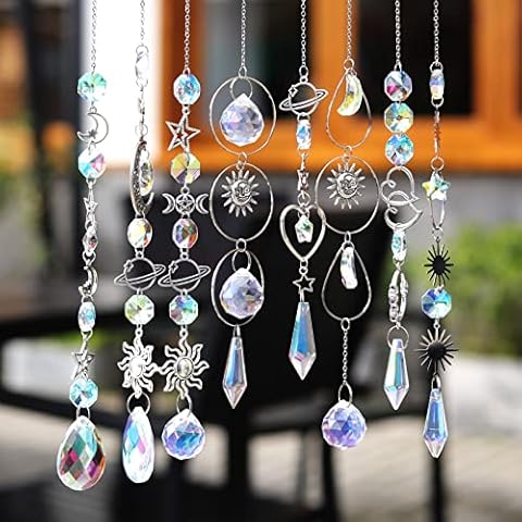 8Pcs Silver Crystal Sun Catcher with Raindrop Ball Prisms and Sun Moon for Window Home Garden Festivals Decoration Cover