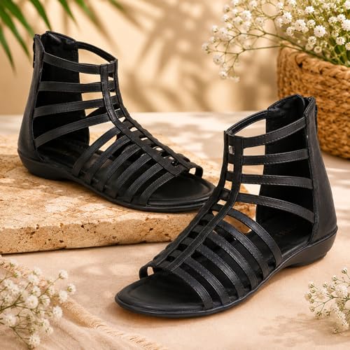 Image of TRASE Flats Gladiator With Zip Closure For Women Sandals| Gladiator High-Tops Sandals For Women | Stylish & Comfortable | College, Office, Shopping, Outdoor & Beach Wear