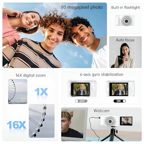 Image of SJCAM ZV200 5K 80MP Flip Screen Digital Camera | 16X Digital Zoom, Sony Sensor with 6-Axis Gyro, 9 Preset Modes, 800 mAh Digital Point and Shoot Camera for Vlogging Beginners (White)