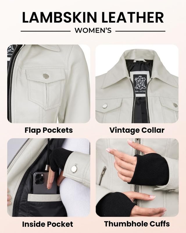 Image of Womens Leather Jacket with Detachable Hood - Real Lambskin Bomber Jacket Thumbholes Women