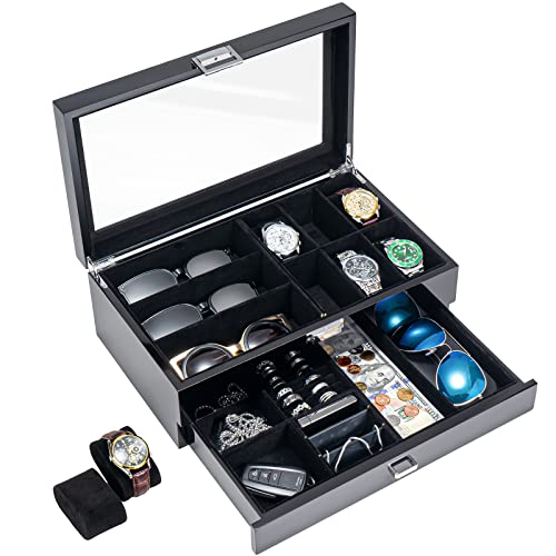 Procase Wooden Men's Jewelry Box, Watch And Sunglasses Box Organizer For Men, 2-Tier Watch Holder And Glasses Display Cases With Clear Glass Top And Storage Drawer,Father's Day Gift -Black #TOP27