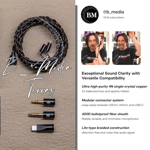 Image of Linsoul Kiwi Ears x B Media Terras IEM Cable, with Type-C USB C /3.5mm /4.4mm Plug,4N Single Crystal Copper 32AWG 4-Core in Ear Monitor Cord, 1.25m HiFi Upgrade Wire for Astral Orchestra II Arete Hype4