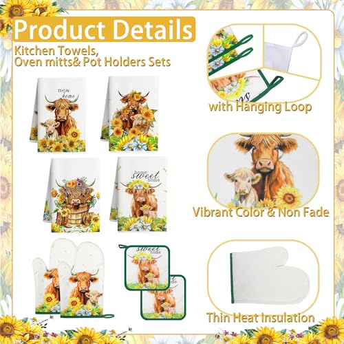 Vetoxka 10 PCS Highland Cow Decor Kitchen Accessories - Sets 4 Dish Towels 2 Pot Holders 2 Oven Mitts 2 Rugs for Home Sweet Home Sunflower Cattle Bathroom Cooking Farmhome Housewarming Baking Gifts — view 6