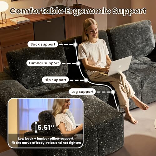 Image of 114 inch Glitter Cloud Sectional Couch with L-Shape Chaise & Ottoman, Modern Boneless Couches for Living Room, Fluffy Tufted Deep Seat Modular Sofa No Assembly (Gray Sparkly Velvet,Left Facing)