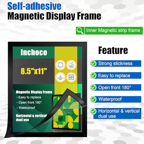 Inchoco Magnetic Sign Holder 8.5\" x 11\" Letter Size Self Adhesive Picture Frames Reusable Magnet Document Holder Magnetic Paper Holder for Walls Windows Glass Door Refrigerator Display -Black, 12 Pcs