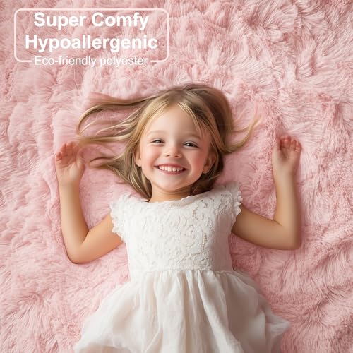 PAGISOFE 3x5 Pink Fluffy Shag Area Rugs for Bedroom, Bedside Preppy Dorm Area Rug, Soft Fuzzy Shaggy Rugs for Living Room Girls/Kids Bedroom Nursery Home Decor, Anti-Skid Durable Rectangular Fuzzy Rug