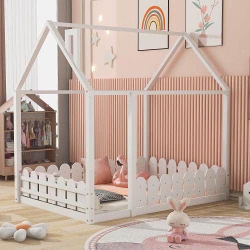 Harper & Bright Designs Full Size House Bed Frame, Solid Wood Kids Montessori Floor Bed Frame with Fence and Roof for Boys Girls, White