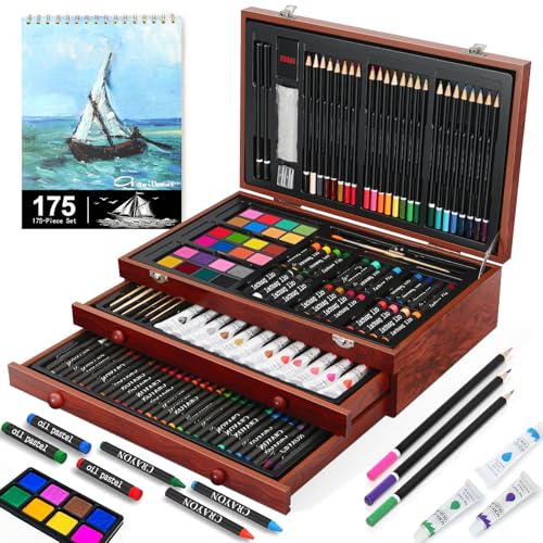 MIAOKE Premium Maleta Deluxe de 175 piezas en maletín de madera, con pinturas acrílicas, acuarelas, ceras, lápices de colores, set de arte profesional