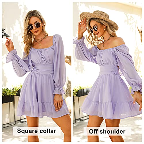 EXLURA Women Tie Back Long Lantern Sleeve Square Neck Ruffle Dress Elastic Waist Aline Casual Mini Dress Purple