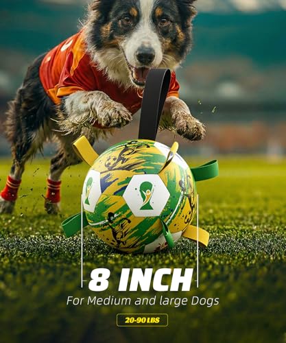 Image of HETOO Dog Soccer Ball with Straps, Large World Cup Dog Toys, 8 Inch | Large Dog Toys Herding Ball, Outdoor Indoor Dog Water Pool Toys, Pet Puppy Birthday Gifts, Dog Balls for Medium Large Dogs