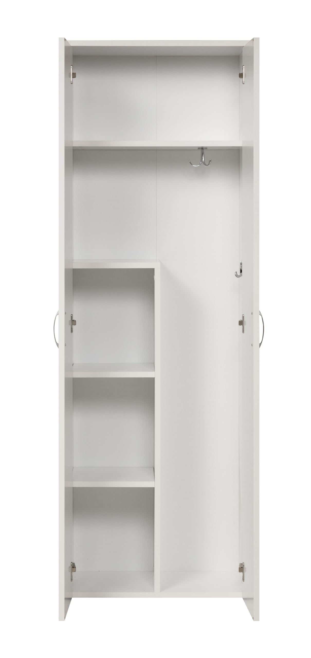 furni24 Holz Putzmittelschrank - Wäscheschrank mit Türen, Kleiderschrank, Garderobenschrank, Mehrzweckschrank, Schrank & Putzschrank, 2 Tür Mit Haken und 3 Regale, weiß, 60x34x180cm