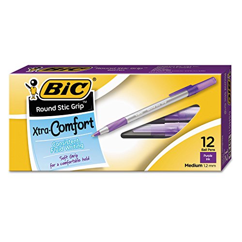 Image of bic Round Stic Grip Xtra Comfort Ballpoint Pen, Purple Ink, 1. 2mm, Medium, Dozen