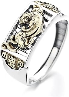 S925 Sterling Silver Feng Shui PIXIU Adjustable Ring MANI Amulet Lucky Mantra Protection Wealth Buddhist Jewelry for Women Girls Men Boys Brave Troops Vintage Statement Open Ring Promise Gift Bff Birthday