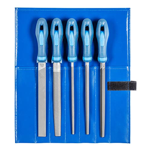 Pferd Juego de 5 Limas de Taller para Metal con Mango Ergonómico, Corte Basto 1, Longitud 200 millimeters, en Estuche enrollable 531 Wr C1 200 millimeters