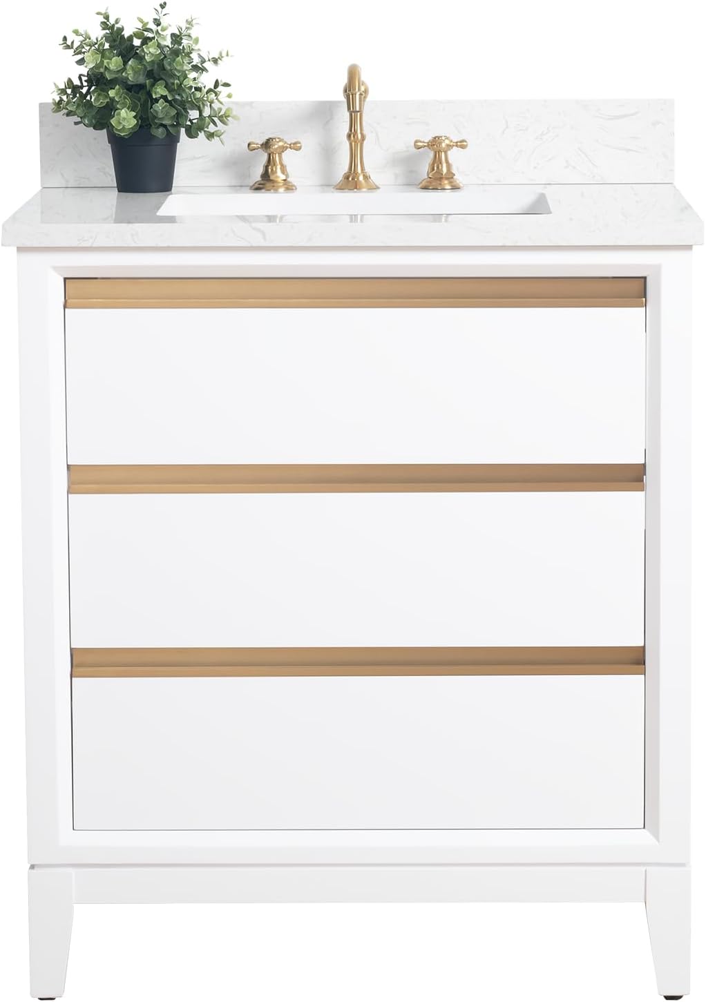 HOMEBEYOND 30 Inch Bathroom Vanity with Sink & Ceramic Top, Vanity Cabinet with Solid Wood Frame, Soft-Closing Doors, Drawers, White