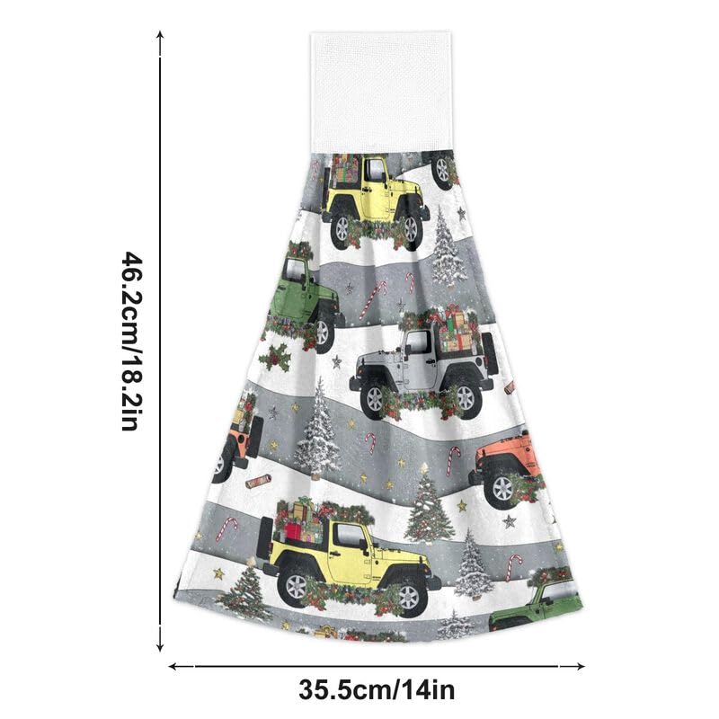 KOCOART Christmas Jeeps Kitchen Towels Winter Bathroom Hand Towel Hanging Tie Towel with Loop 2PCS Soft Absorbent Dish Cloth Fingertip Towel for Oven Stove Handle Tabletop
