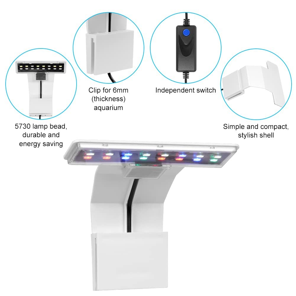 Adiwo Luce per Clip per Acquario, 3 Colori Luce Acquario LED, 9W Mini Lampada per Acquario a Led per 6 mm di Spessore Acquario, 16 LED Acquario, per Illuminazione Acquario (Bianco)