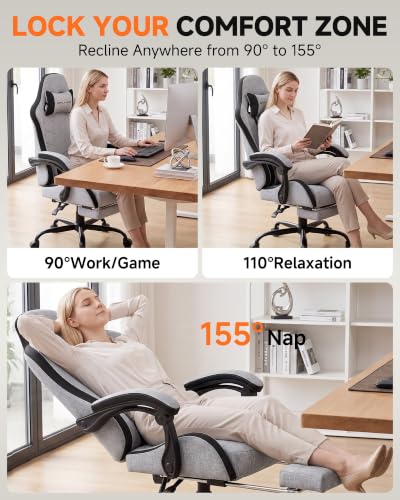 Image of GTPLAYER Gaming Chair for Adults, Computer Chair with Footrest, Grey | Ergonomic Video Game Chair with 90-155 Recline, Removable Headrest & Lumbar Support, All-Day Comfort for Home & Office