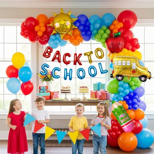 Image of Back to School Red Yellow Blue Balloon Garland Kit, Preschool First Day of School Decorations, Rainbow Pencil Bus Sun Apple Foil Balloons with Banner, Kindergarten Graduation Classroom Supplies