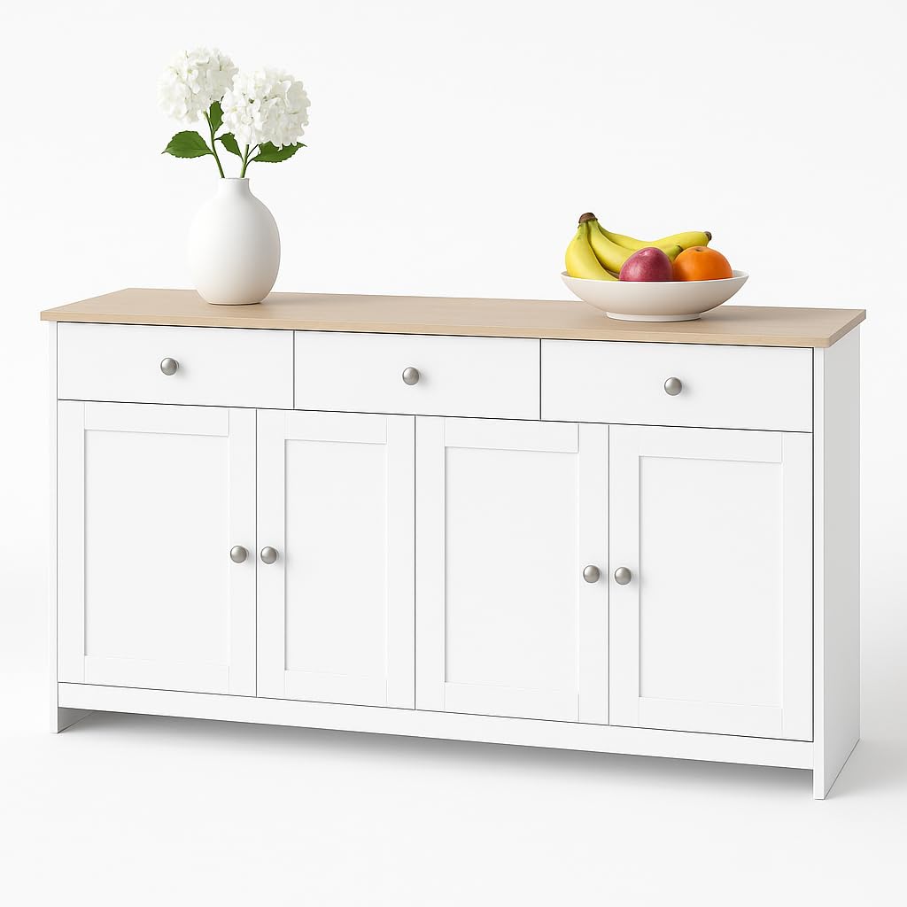 Sideboard 160 cm Weiß Holzoptik mit 3 Schubladen & 4 Türen – Buffetschrank Landhausstil mit Verstellbaren Regalböden – Anrichte für Wohnzimmer & Esszimmer (Weiß, 160 L x 37 B x 75H(cm))